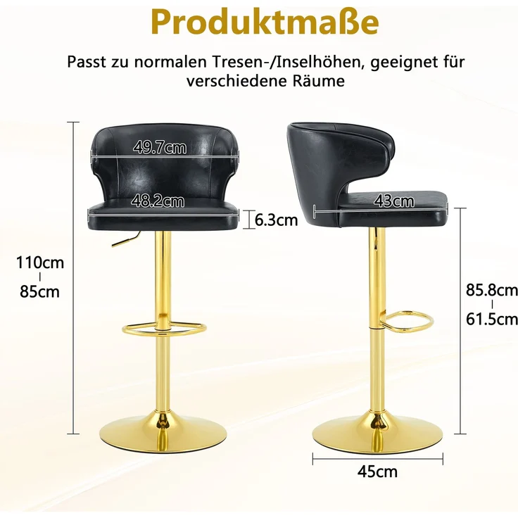 2er Set Barhocker mit Lehne Höhenverstellbar, 360° Drehbar Barstuhl mit Großem Sockel & Fußstütze, Modern Küchenhocker für Bar Küche Theke (Nur Stühle)--Schwarz2--49.7x45x110cm--YOUDENOVA – Bild 4