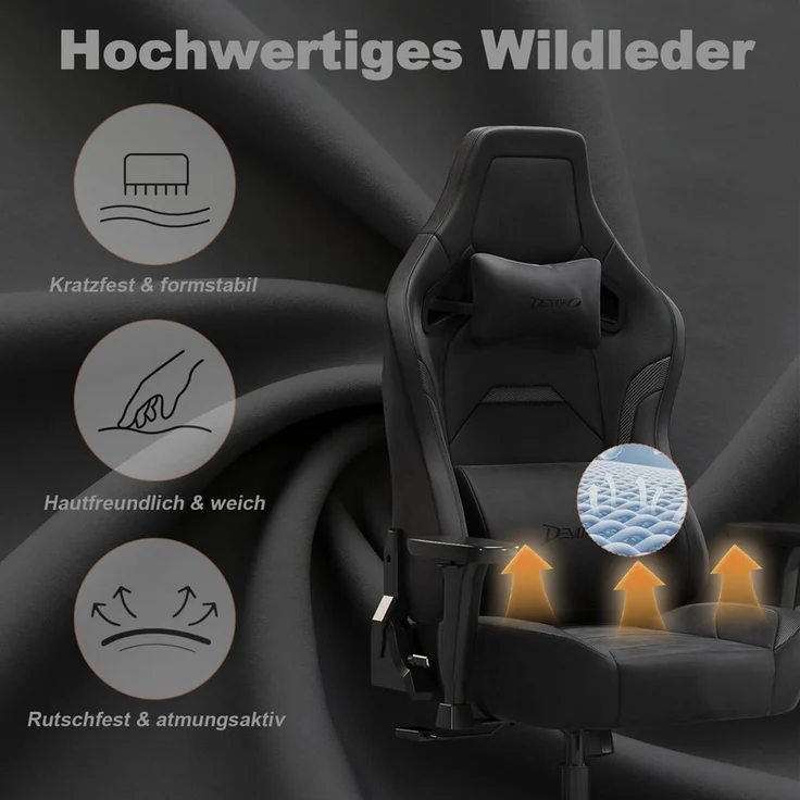 Devoko Gaming-Stuhl Luxuriöser Wildlederimitat,Ergonomisch & Großzügigem Sitz,Bürostuhl, Verstellbare Rückenlehne 90°–135°,3D-verstellbare Armlehnen – Bild 2