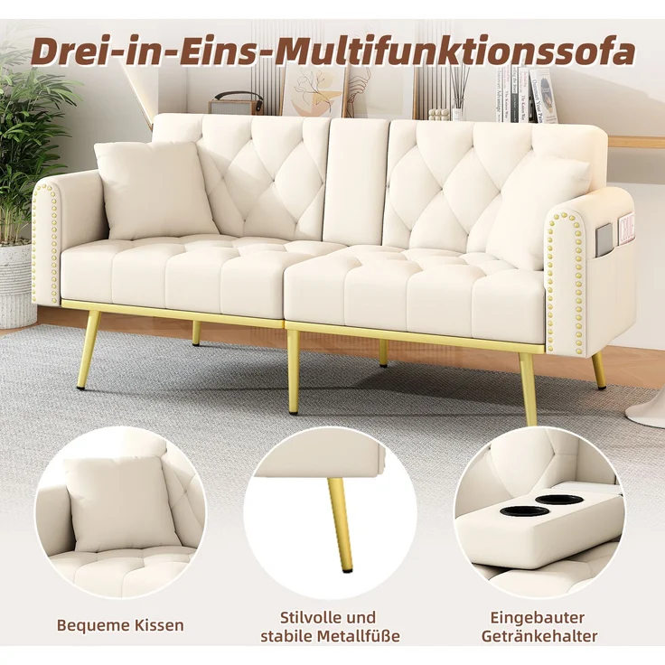 Schlafsofa mit 3-fach verstellbarer Rückenlehne und Getränkehalter, Velours, 175x80x73,5 cm, Beige – Bild 5