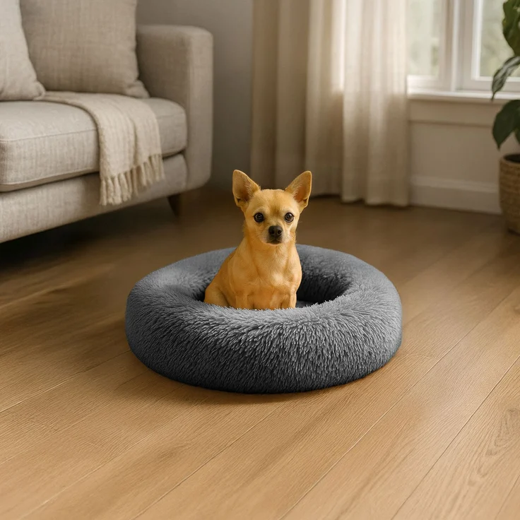 belviona Donut-Hundebett, kuscheliges Plüschbett mit weicher Füllung, sicherem Halt & ergonomischem Rand, 40 cm Durchmesser, anthrazit – Bild 1