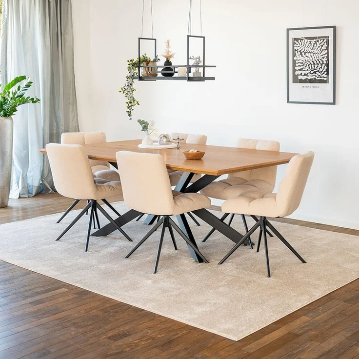 HOME DELUXE Essgruppe Eckig AVENCIA inkl. Sternfuß - 200 x 120 cm Light Oak 6 Stühle Creme – Bild 1
