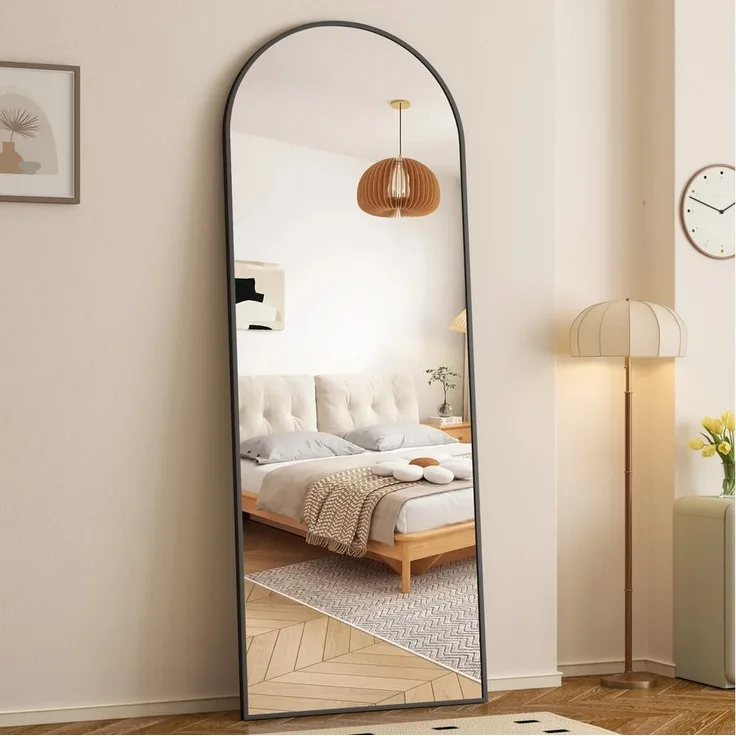Boromal Ganzkörperspiegel Standspiegel Wandspiegel groß Schwarz Weiß 180x80cm 160x50cm Alurahmen (Hochspiegel Arched Gold 150x50 140x40cm, 1-St, mit Metall-Haken), 5mm Kupfer- und bleifreier Spiegel,Freistehend,Wandmontage