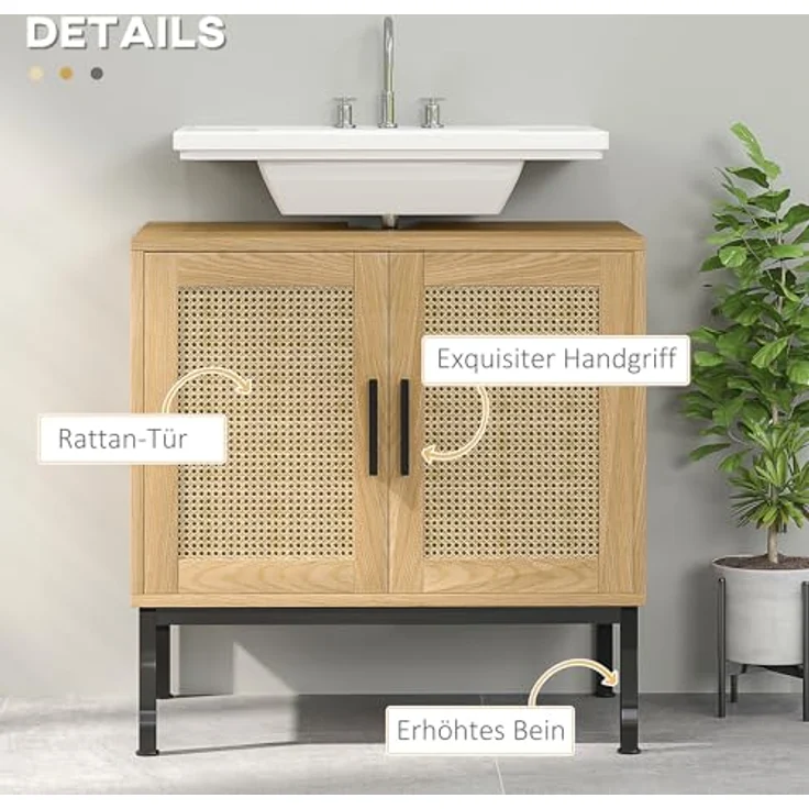 kleankin Waschbeckenunterschrank Unterschrank mit Schrankfach, Waschtischunterschrank mit Rattanoptik, Badunterschrank mit Kippschutz, Eiche, 60 x 39 x 60 cm – Bild 7