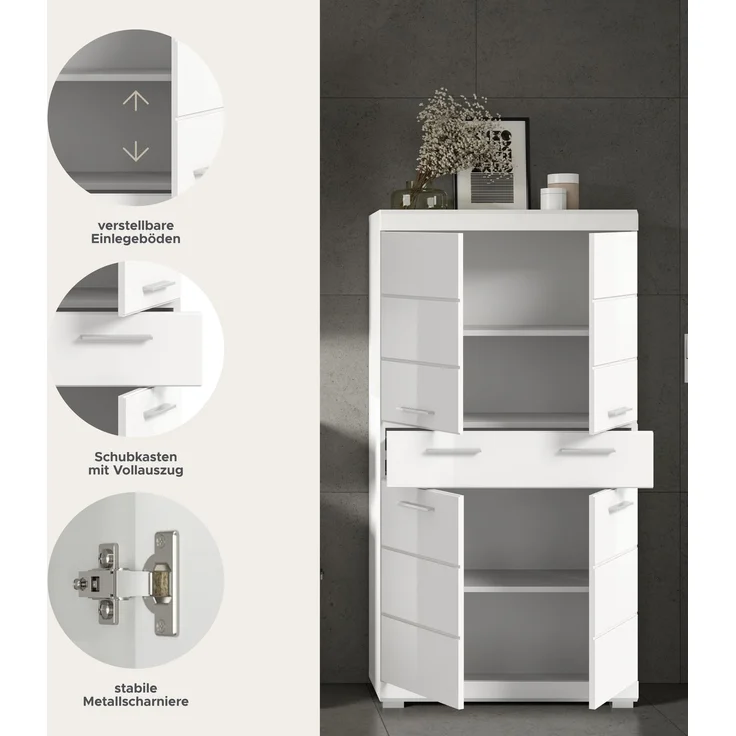Xonox Scout Badmidischrank (B/H/T: 74x141x31 cm) in weiß Nachbildung und weiß Hochglanz tiefzieh – Bild 9