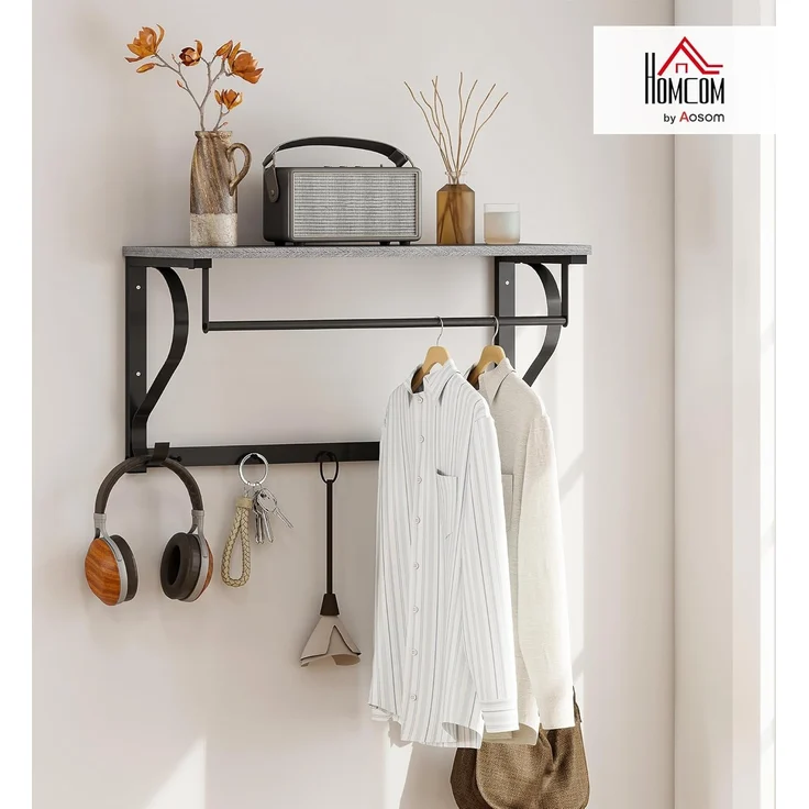 HOMCOM Garderobenleiste mit Ablage, 5 Haken und Stange (Wandgarderobe, 1 St, Wandregal), für Flur, Wohnzimmer, Schlafzimmer, Badezimmer Grau – Bild 2