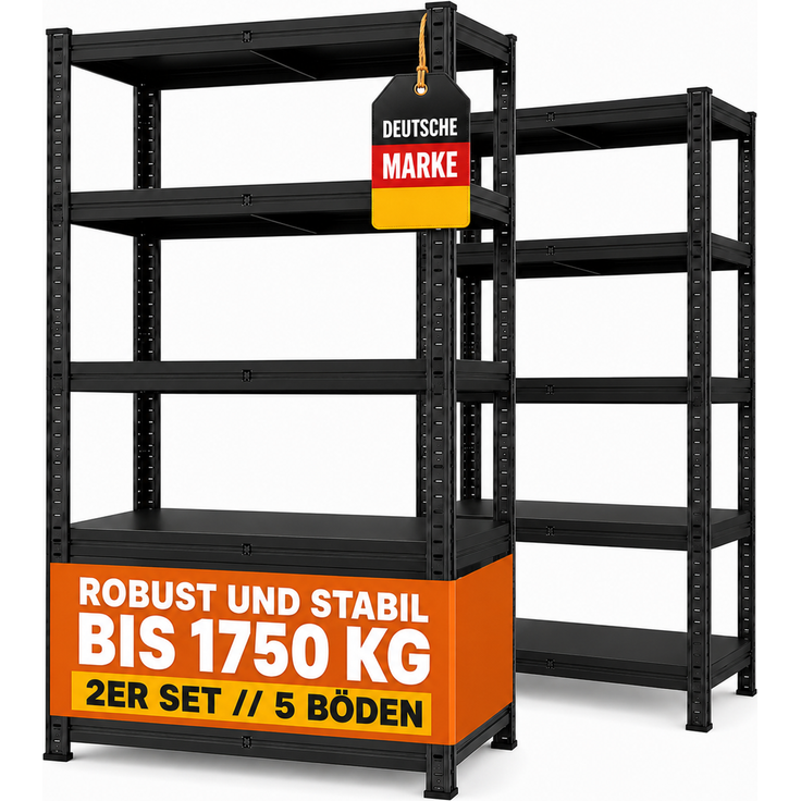 SR2B Premium Schwerlastregal Schwarz – 875 kg belastbar, wasserfest, matte laminierte Böden, 5 verstellbare Ebenen, teilbares Steckregal 180x90x40 cm
