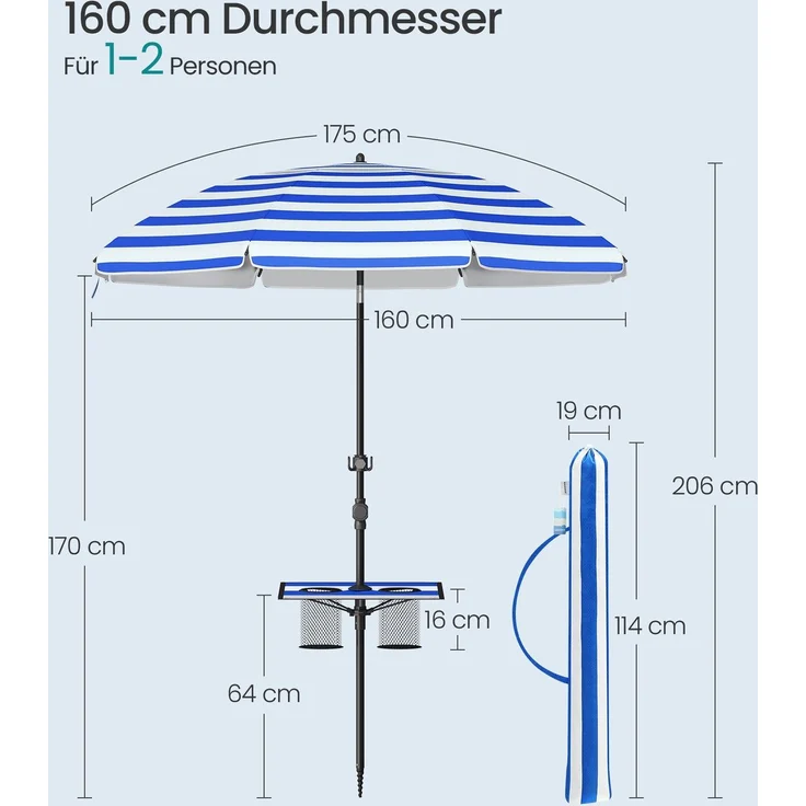 SONGMICS Sonnenschirm, Strandschirm, Sonnenschutz UPF 50+, Ablagefläche, ∅160 cm – Bild 4