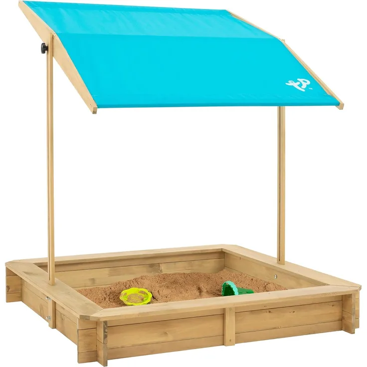 TP Toys 'Schaf' Sandkasten mit Sonnendach, Kiefernholz natur / blau, 117 x 117 x 117 cm