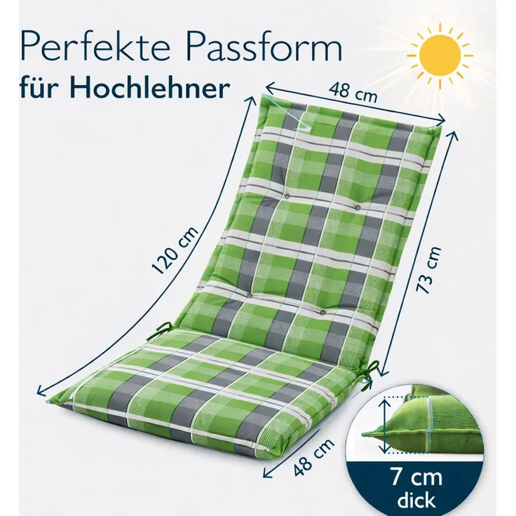 BURI 6x Auflagen Set Hochlehner für Gartenstühle 120x48x7cm Sesselauflagen Polster UV Lichtecht - Gartenstuhlauflagen Karo Muster Stuhlkissen mit Dicker Schaumstoff Füllung (Grün/Grau) – Bild 2