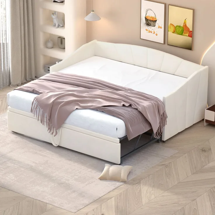 Polsterbett Ausziehbett 90/180x200 cm in Beige, Samtbezug, mit Lattenrost, Matratze nicht enthalten