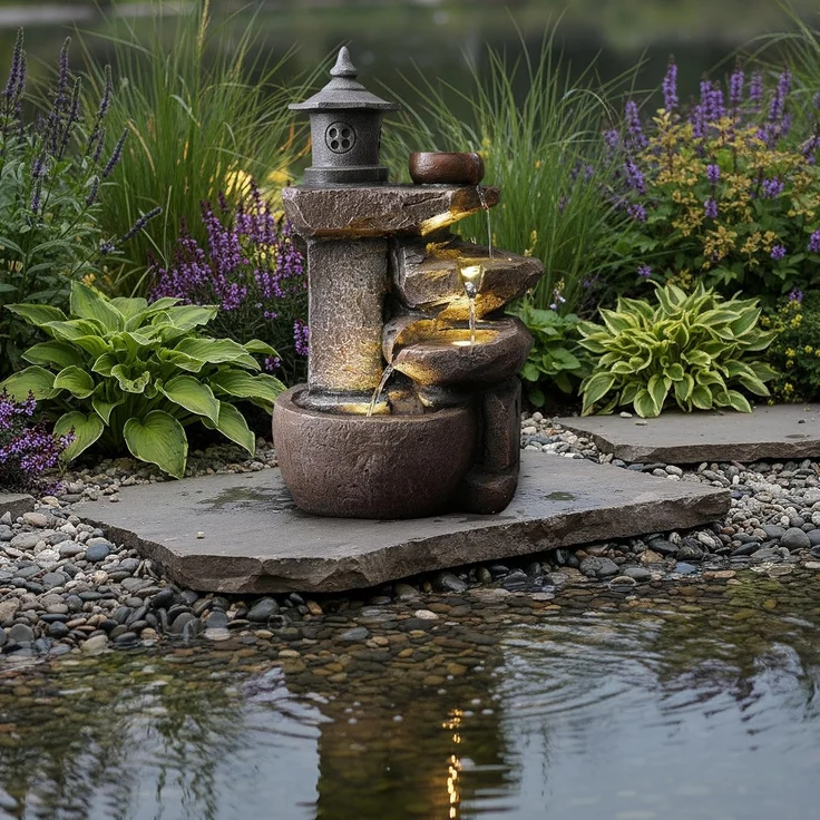 Arnusa Gartenbrunnen Zimmerbrunnen BK851 Springbrunnen Wasserfall Kaskade, Komplettset mit LED Beleuchtung 50 cm Höhe – Bild 5
