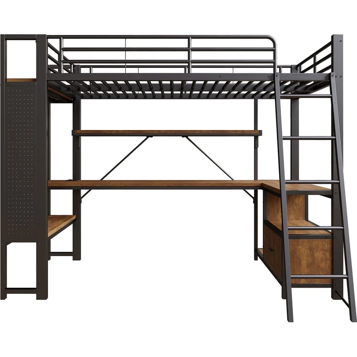 Hochbett mit Schreibtisch, LED-Streifen, Wandgitter, Regal, Schrank, Steckdose, USB, Type-C, Rausfallschutz, 90x200cm, Kinderbett, Metallbett – Bild 8
