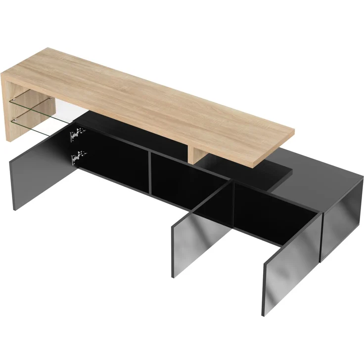 TV-Lowboard 197.5 cm mit LED-Beleuchtung, Glasböden & 3 Schränken, modernes Schwarz-Holz Design für Wohnzimmer – Bild 10