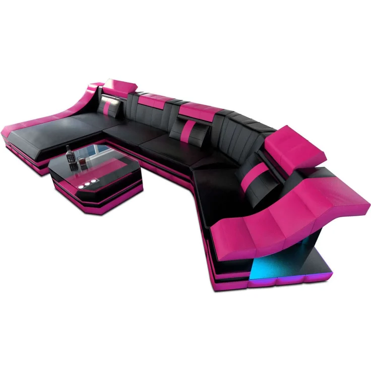 Sofa Dreams - Mini Luxus Wohnlandschaft Turino C-Form mit LED - Ledermix - Schwarz-Pink - Links – Bild 1