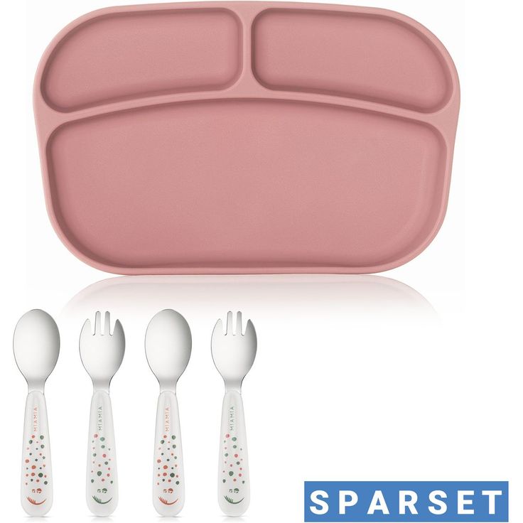 MiaMia 5-tlg. Esslern-Set, Silikon-Teller mit rutschfester Unterteilung + ergonomisches Besteck (2 Löffel & 2 Gabeln), Rose