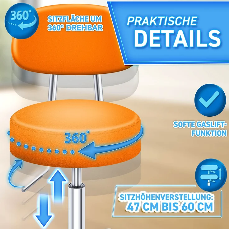 TRESKO Rollhocker Orange mit Lehne Arbeitshocker Hocker Drehhocker Kosmetikhocker Praxishocker – Bild 6