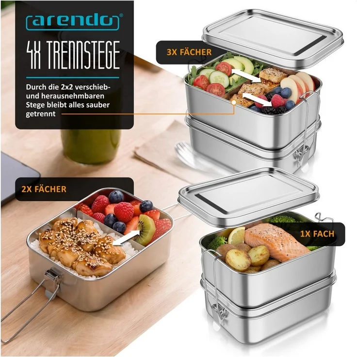 Arendo Lunchbox Meal Prep Box Edelstahl 1700 ml, 2 Ebenen, 4 Trenneinsätze, Brotdose, Edelstahl, (1-tlg, 2 Trennstege, 2 Silikondichtungen), für Erwachsene, 2x 850 ml, Silikon-Dichtung, spülmaschinenfest – Bild 3