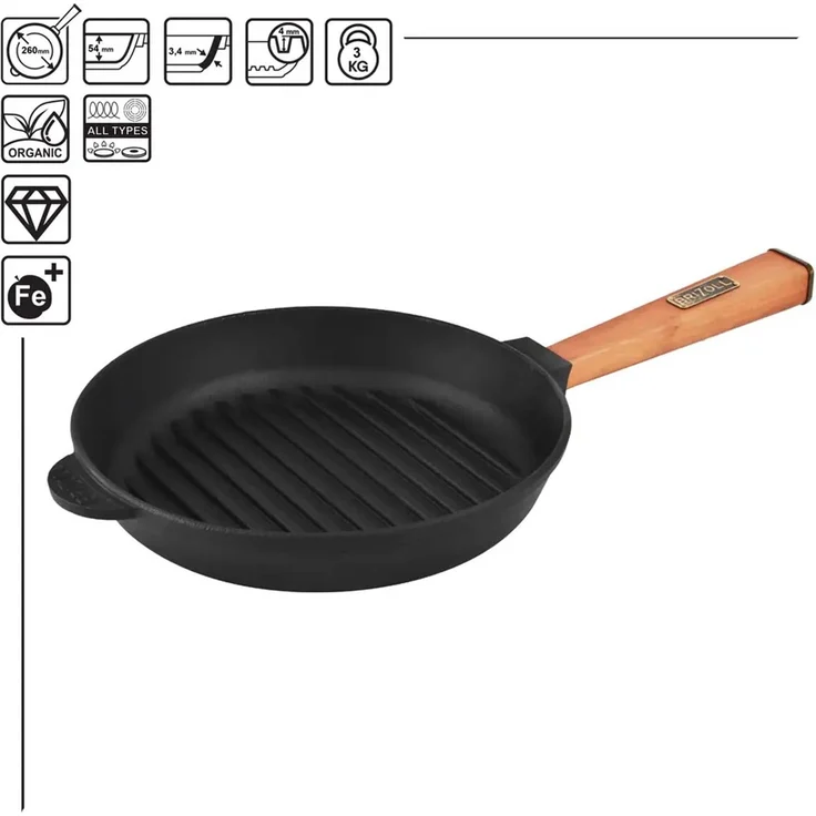Ø26cm Grillpfanne aus Gusseisen mit Glasdeckel Induktion Holzgriff Bratpfanne Pfanne Feuerpfanne – Bild 4