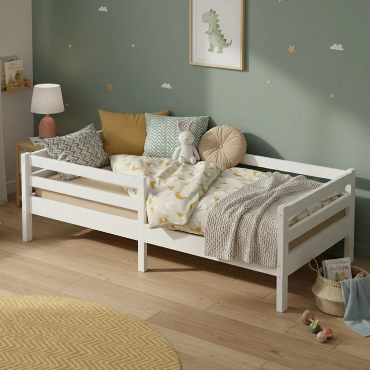 Bellabino 'Iskri' Kinderbett 90x200 cm, weiß, Massivholz Kiefer, Jugendbett mit Rausfallschutz und Lattenrost – Bild 1