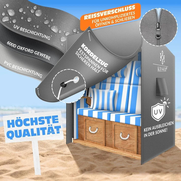 KESSER® Premium Strandkorb Schutzhülle mit Belüftungsöffnungen, Strandkorbhülle Wasserdicht, Winterfest UV-Beständiges, Schwerlast Reißfest 600D Oxford Gewebe Abdeckung (135x100x160/150cm) Grau, 135cm – Bild 4