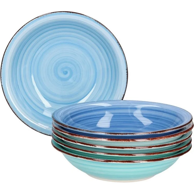 Teller-Set Blue 6Pers Suppenteller 750ml Salatteller Servier Porzellan handbemalt mehrfarbig