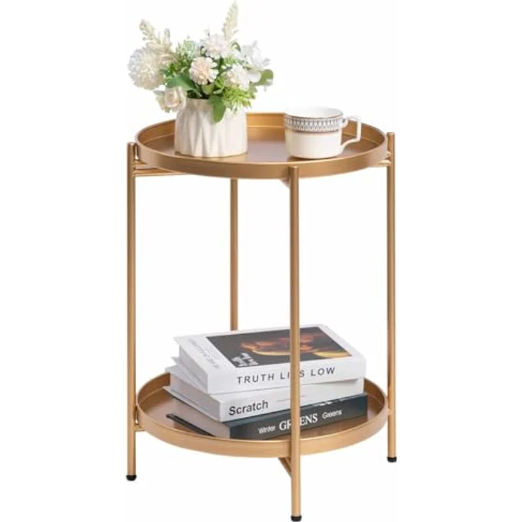 HollyHOME Beistelltisch Gold Rund Metall Balkontisch Klein Couchtisch Nachttisch Sofatisch 2 Ebenen Beistelltisch für Wohnzimmer Schlafzimmer Terrasse Outdoor – Bild 2