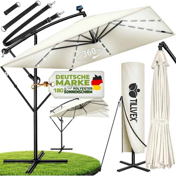 tillvex® Alu Sonnenschirm Rechteckig Ø 330 cm mit LED Solar Beige + Abdeckung mit Kurbel | Ampelschirm mit Ständer & Windschutz | Gartenschirm UV-Schutz, wasserdicht, 360° drehbar | Kurbelschirm Marktschirm – Bild 6