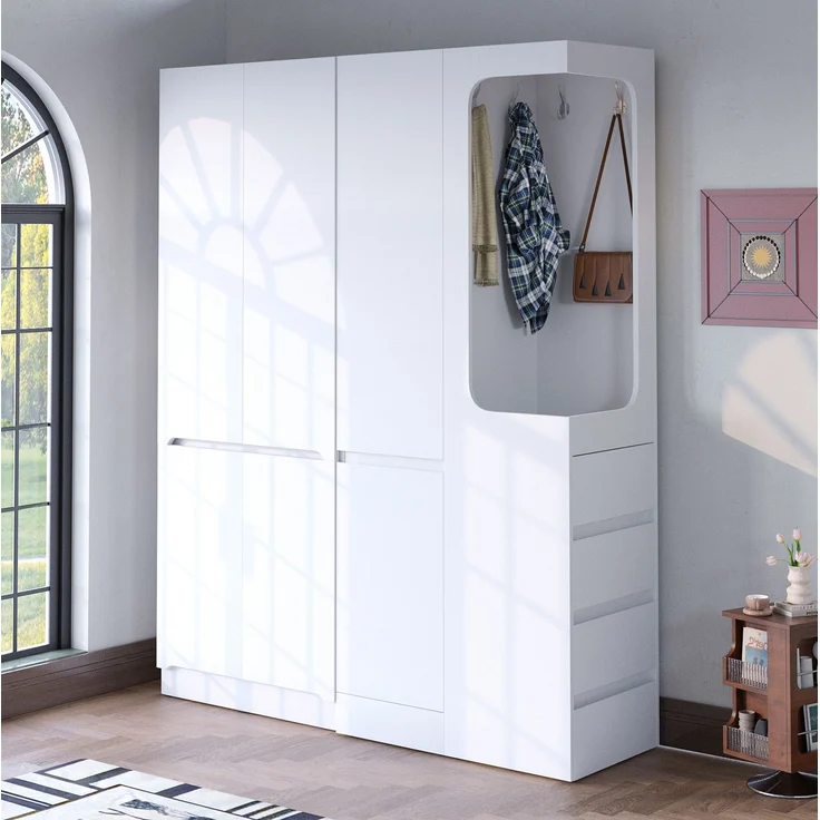 CHICFURN Kleiderschrank 140x170x40 cm aus Holz mit Schubladen und offenem Hängebereich – Weiß – Bild 1