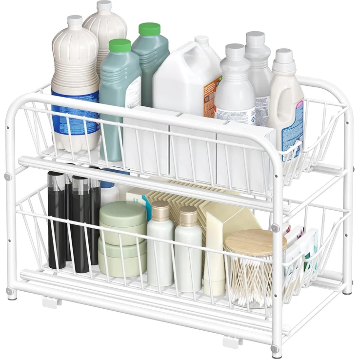 Küchen-Organizer, Küchenregal, Ordnungssystem, 2 Ebenen, stapelbar, erweiterbar, mit Metallkörben, für Küche, Badezimmer, weiß – Bild 3