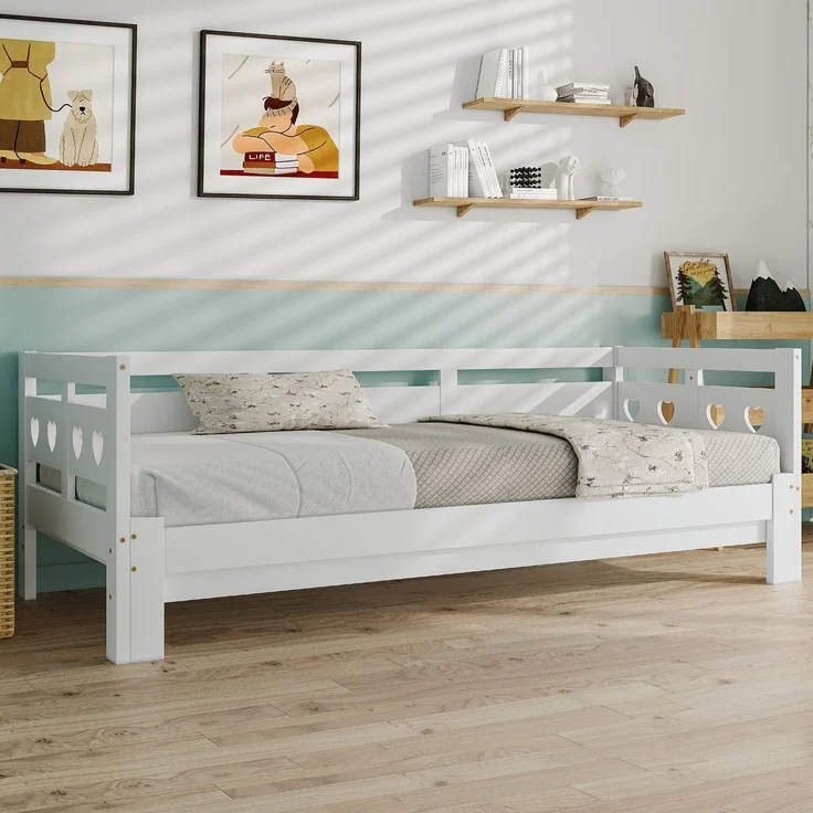 Herzform Schlafsofa, Daybed ausziehbar, Kinderbett und Gästebett, weißes Polster, Kiefernholz, platzsparend – Bild 3