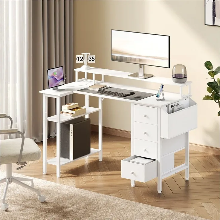 Yaheetech Computertisch Umkehrbarer Gaming-Schreibtisch mit Monitorhalterung, 120 cm L × 68 cm B × 86,5 cm H L-förmiger mit Steckdose