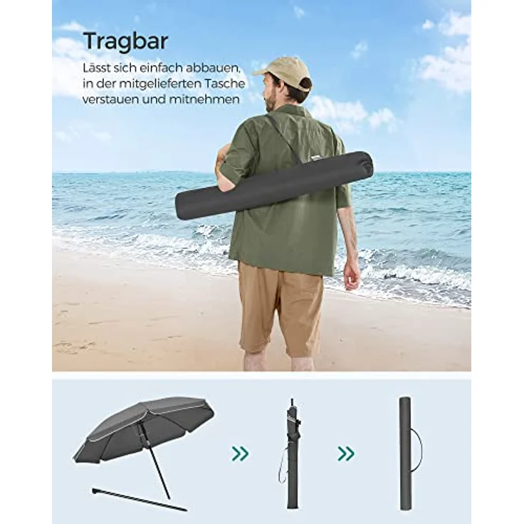 SONGMICS Sonnenschirm 160 cm, Sonnenschutz, UPF 50+, Strandschirm, beidseitig um 30° knickbar, höhenverstellbar, mit Tragetasche, für Balkon, Garten, Terrasse, Strand, ohne Ständer, grau GPU060G01 – Bild 9