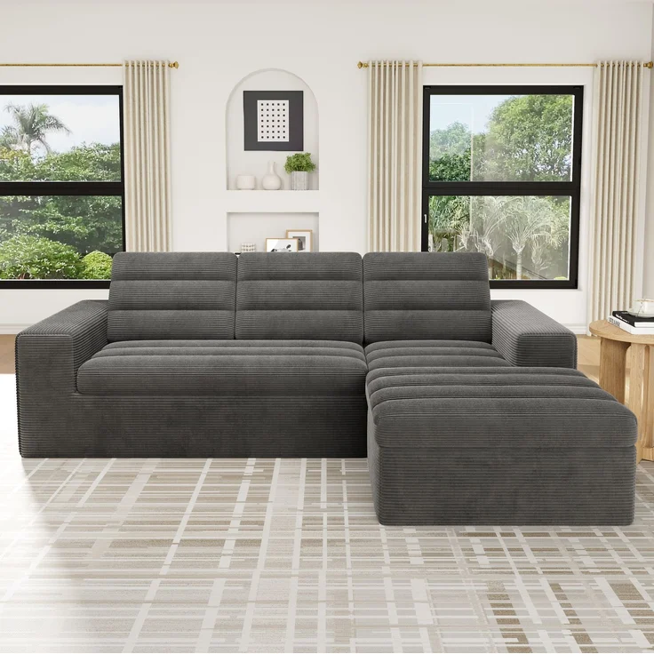 Ecksofa 253 x 161 x 89 cm in Dunkelgrau, modulares Cordsofa mit Hocker, rahmenloser Schaumstoffpolsterung – Bild 4
