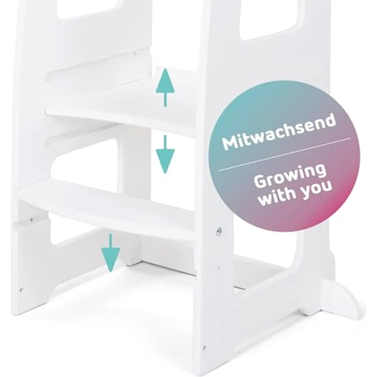 babybay Lernturm Littlefoot, maximale Kippsicherheit durch massives Buchenholz, Förderung der Motorik, dreifach höhenverstellbar, ergonomischer Einstieg, Aussparung für Küchengriffe, weiß lackiert – Bild 7