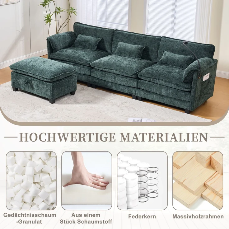 LVHOM 3-Sitzer Sofa mit Hocker, L-Form Ecksofa mit Stauraum, Modulares Sofa mit USB-C-Anschluss, Handyhalter und Seitentaschen, weiche Chenille-Stoff, Couchgarnitur, Grün – Bild 7