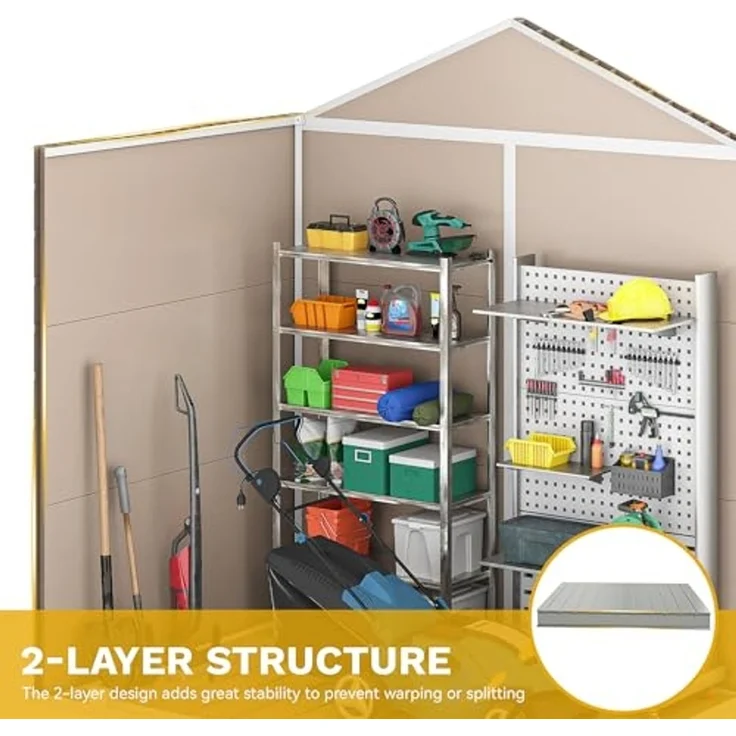 DWVO Gerätehaus Kunststoff 203 x 147 x 207 cm, Gartenschuppen mit Doppelwand & Fenstern, Wetterfester Aufbewahrungsschuppen für Rasenmäher, Gartengeräte & Fahrrad, Abschließbar, Beige – Bild 7