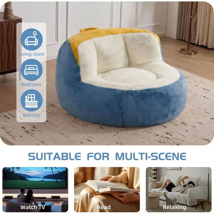 Übergroße Sitzsäcke, mehrfarbiges Kunstfellsofa mit Füllung aus Schaumstoffflocken, großes Lounge-Sofa fürs Wohnzimmer, keine Montage erforderlich, Blau+Weiß+Gelb – mehrfarbig – 106 x 110 x 77 cm – YOUDENOVA – Bild 6