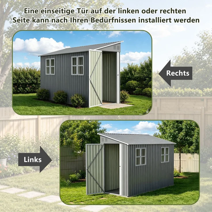 ZUBALIYA 4x10 Fuß (ca. 1, 2x3 m) Outdoor-Schwerlast-Metallschuppen mit Boden-Kit, Anlehn-Design mit links/rechts-Tür & 2 Fenstern, H 188.6 × T 291 × B 110.8 cm, Grau – Bild 7