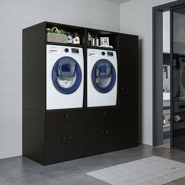 Roomart Schrankwand für Waschküche & Hauswirtschaftsraum – SERIE 1 – 179 cm breit – mit Ausziehbrett – Waschmaschinenschrank & Stauraumlösung • Schwarz-Eiche