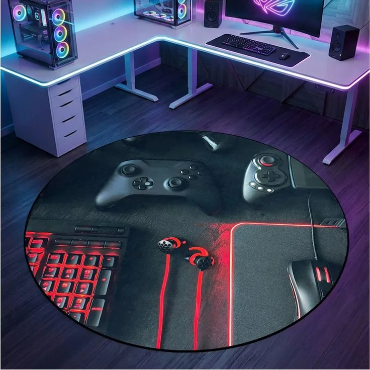 Carpetia Designteppich Gaming Style, rund, Höhe: 5 mm, mit grafischen Gaming-Motiven in Neon-Optik