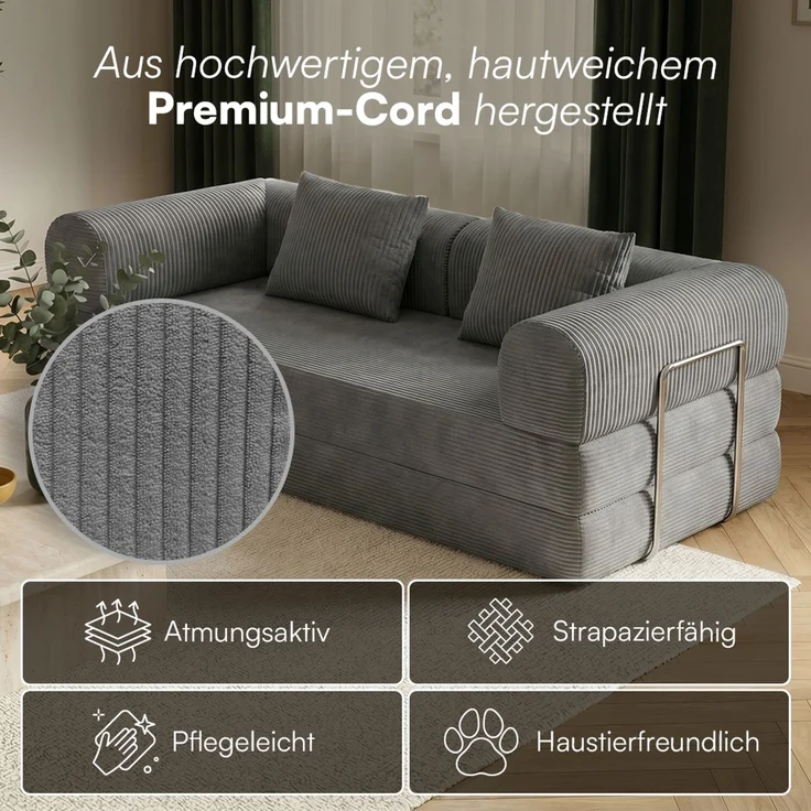 skølm 'Lofn' Modulares Sofa 2 Sitzer, 200x100 cm, Vollschaumcouch mit Metallgestell, Cord dunkelgrau, Schlafsofa vakuumverpackt, kein Aufbau erforderlich – Bild 5