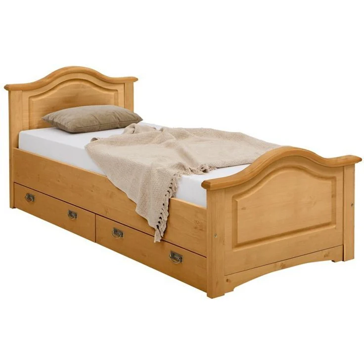 Home affaire Massivholzbett Konrad, Stauraumbett, Messinggriffe, rustikaler Landhausstil, inklusive 2 Schubladen, zertifiziertes Massivholz – Bild 4