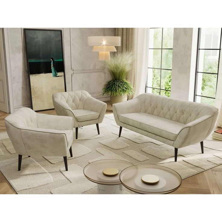 Wohnzimmerset PIRS 1-1-3, Skandinavisches 3-Sitzer Sofa mit Sesseln, Sofa mit Wellenfederung, schwarze Füße, Skandinavisches Möbelset - Beige Velvet – Bild 3