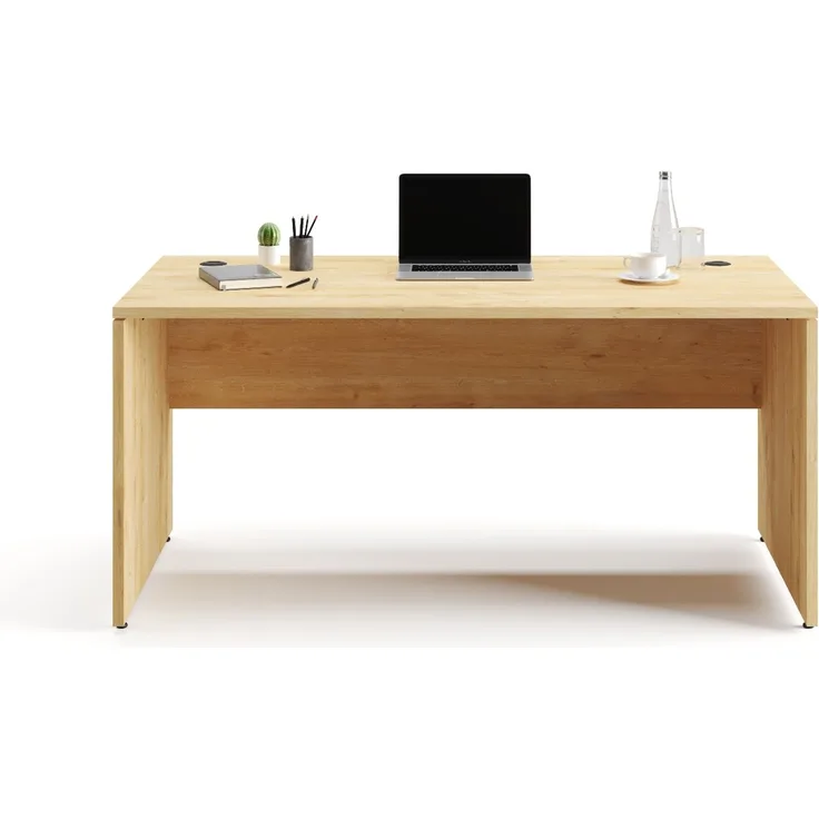 Furni24 Schreibtisch fürs Arbeitszimmer und Home Office - Großer laminierter Computertisch aus Holz, 2 Kabeldurchlässe, Bodengleiter, 2-Personen-Arbeitsplatz (Saphir-Eiche, 180 x 80 x 75 cm)
