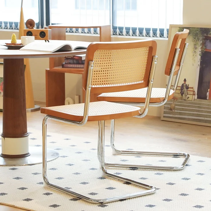 LVHOM 2er Set Freischwinger, Esszimmerstuhl mit Wiener Geflecht, Bauhaus Küchenstuhl aus Natur-Rattan, 25mm Chromgestell, stapelbarer Wohnzimmerstuhl, Braun – Bild 3