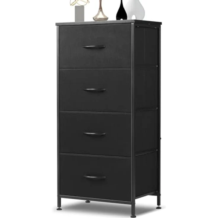 DUMOS Kommode mit Schubladen - Kommoden & Sideboards für Schlafzimmer Geeignet, Komodenschrank mit 4 Schubladen, Stoffkommode mit Stabilem Stahlrahmen, Ideal für Schlafzimmer, Wohnzimmer (Schwarz) – Bild 2