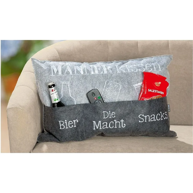Männerkissen hellgrau/dunkelgrau mit Taschen, bestickt