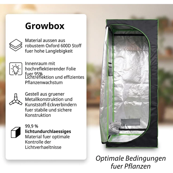 Growbox Gewächshaus Indoor Pflanzenzelt Zuchtzelt Growroom Zuchtschrank Darkroom Zimmergewächshaus Growschrank - 60x60x220 cm – Bild 2