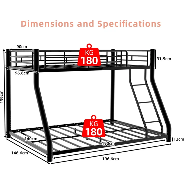 EINHOM Metall-Etagenbett 90 x 190 / 140 x 190 cm, mit Leiter und Durchgehenden Sicherheitsgeländern, Platzsparend, für Jugendliche und Erwachsene (Ohne Matratze) – Bild 2