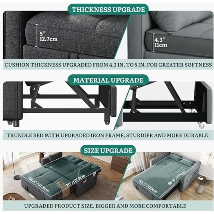 YITAHOME Schlafsofa mit Schlaffunktion, 182x136 cm Sofa, 5-stufig Verstellbarer Rückenlehne, 3-in-1 Schlafcouch mit 2 Kissen & Seitentasche, 2-Sitzer Sofa Bed für Gästezimmer, Grau – Bild 4
